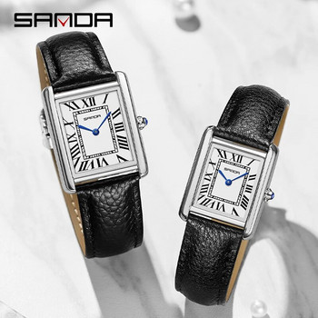 SANDA 2023 Нов часовник за двойка 30M водоустойчив ежедневен моден кварцов часовник Устойчив на износване кожена каишка с квадратен циферблат Дизайн Reloj