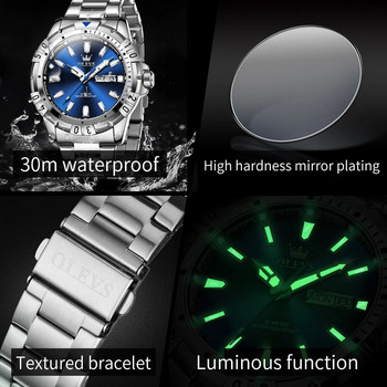 OLEVS Мъжки часовници Топ марка Класически оригинален часовник за мъже Водоустойчив светеща неръждаема стомана Дата Седмица Мода Тип гмуркане