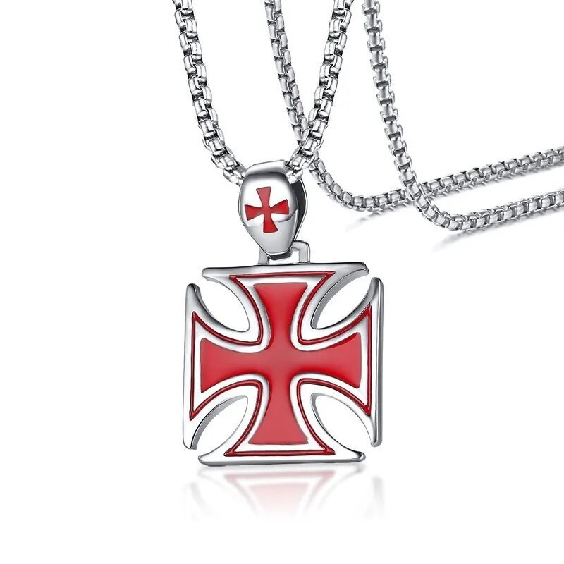 Ανδρικό κολιέ Red Iron Cross Knight Kinghts Templar μενταγιόν ανοξείδωτο ατσάλι Crusader Αντρικό κόσμημα