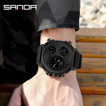 SANDA LED дигитални спортни часовници 50 м водоустойчив електронен ръчен часовник с три часовника кварцов часовник за мъже будилник 3002