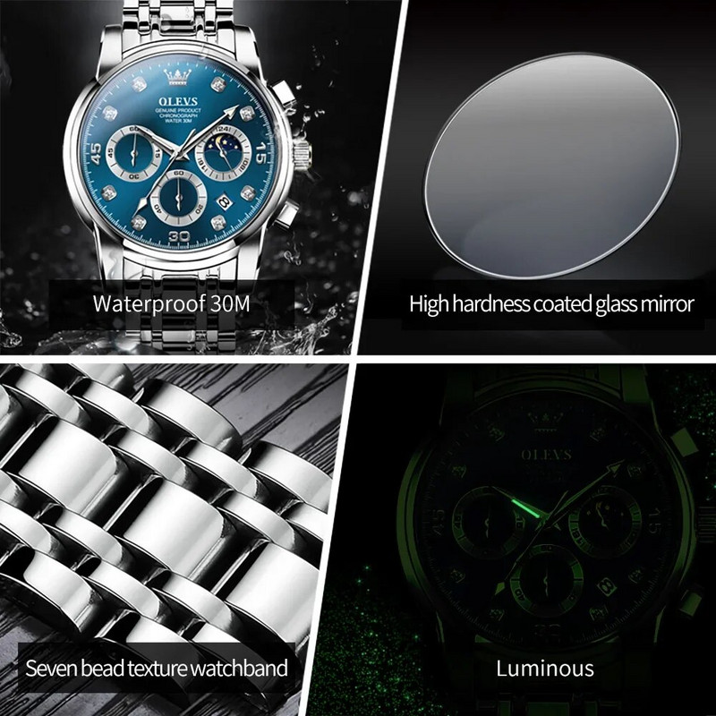 OLEVS meeste moekell Lihtne meeste äriline roostevabast terasest kvartskell igapäevane veekindel helendav käekell ettevõtetele