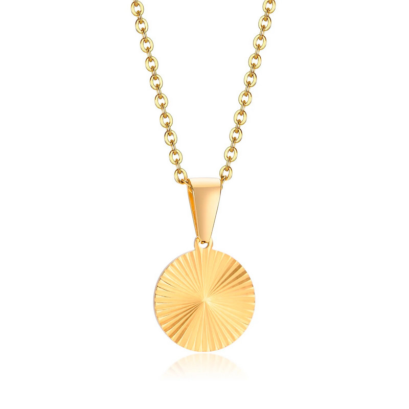 Vyriški pakabukas karoliai, paauksuotas reljefinis spinduliavimo apvalus disko pakabukas, nerūdijančio plieno "Sunburst" žavūs karoliai