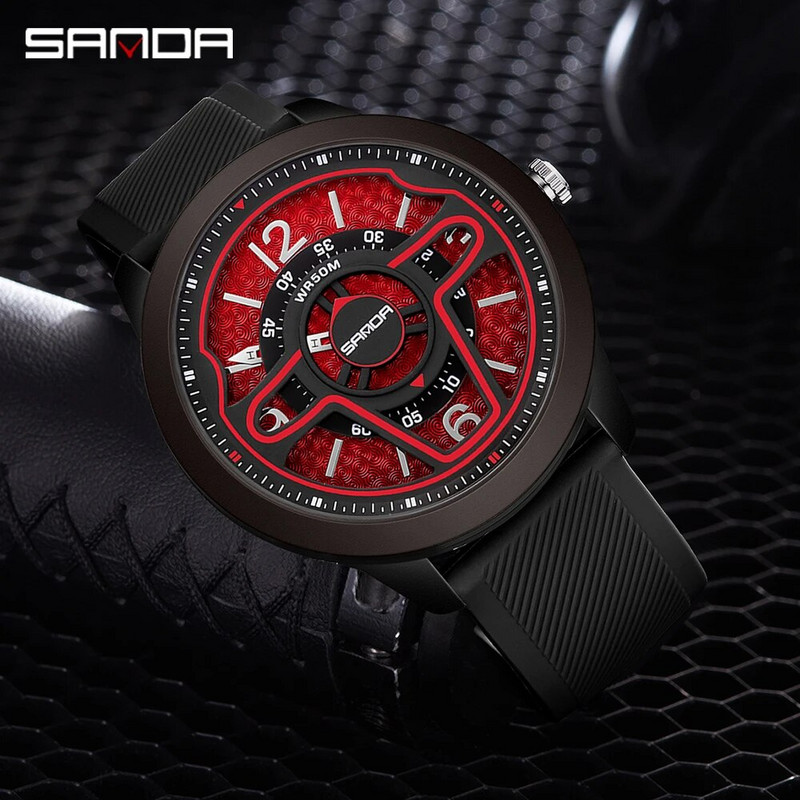 SANDA aukščiausios prekės ženklo prabangūs vyriški kvarciniai laikrodžiai madingi sportiniai 3D automobilio vairavimo vandeniui atsparūs klasikiniai vyriški rankiniai laikrodžiai, silikoninis dirželis