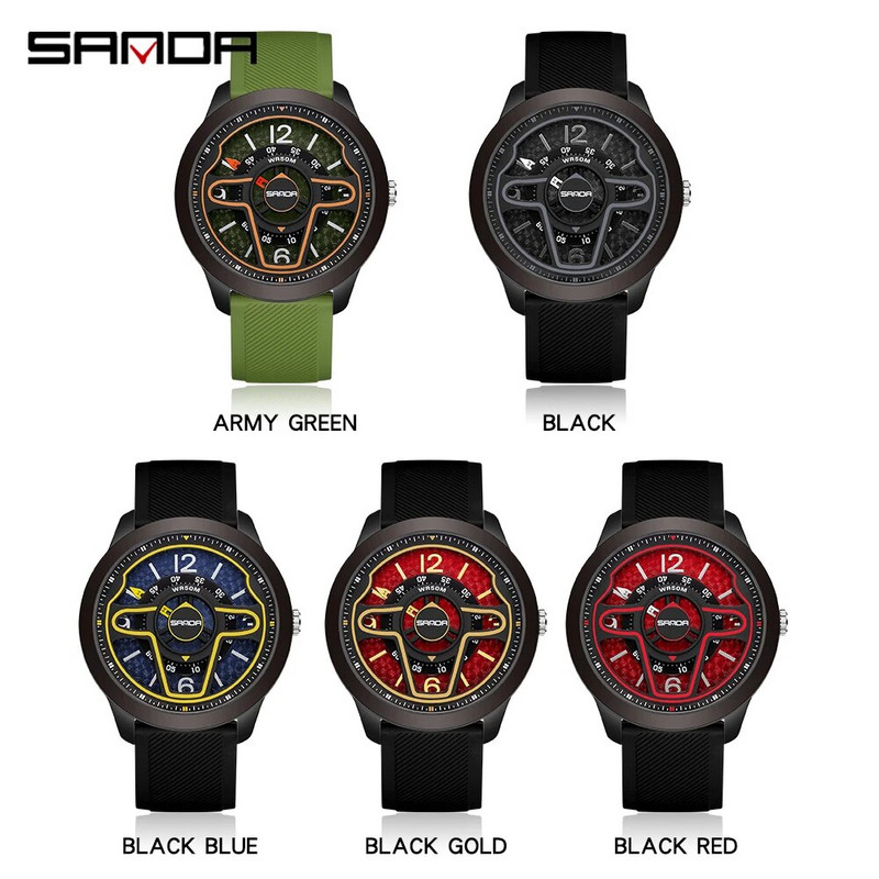 SANDA aukščiausios prekės ženklo prabangūs vyriški kvarciniai laikrodžiai madingi sportiniai 3D automobilio vairavimo vandeniui atsparūs klasikiniai vyriški rankiniai laikrodžiai, silikoninis dirželis
