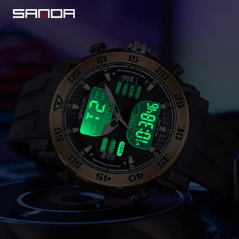 SANDA Луксозен оригинален мъжки спортен ръчен часовник златен кварцов стоманен водоустойчив часовник с двоен дисплей Relogio Masculino 6029