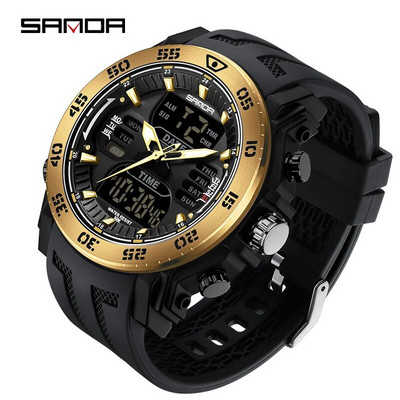 SANDA luksuslik originaal meeste spordi randmekell Kuldne kvartsterasest veekindel kahe ekraaniga kell Relogio Masculino 6029