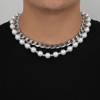Μοντέρνο ανδρικό μαργαριτάρι κολιέ με αλυσίδα από ανοξείδωτο ατσάλι Hip Hop Ανδρικό λαιμόκοψη χοντρό πανκ τσόκερ κοσμήματα μόδας