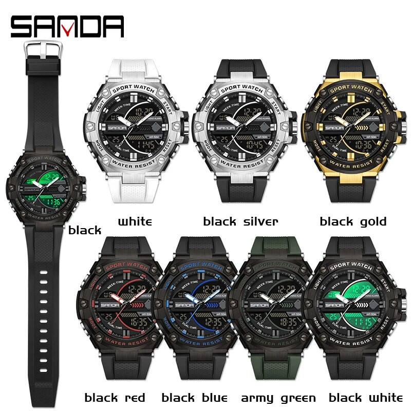 SANDA meeste käekellad 50M veekindel käekell LED digitaalne kvartskell meeste sõjaline spordikell kahe ekraaniga elektrooniline käekell