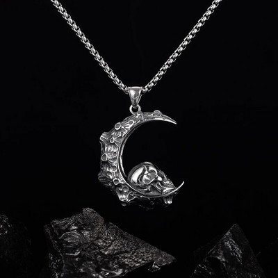 Cool Halloween Gothic Moon Skull Ανδρικό μενταγιόν κολιέ πανκ από ανοξείδωτο ατσάλι με σκελετό Hiphop αδιάβροχο κοσμήματα μόδας