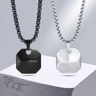 Vnox 19 мм квадратни колиета с висулка за мъже, жени, черна 3D геометрична яка от неръждаема стомана с верига от кутия, прости бижута