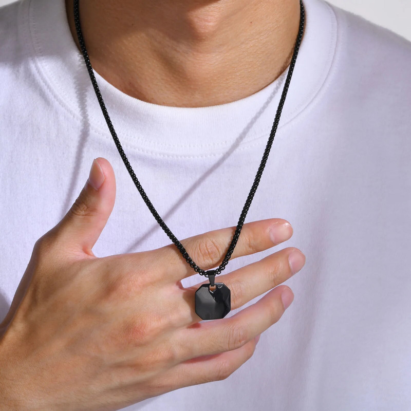 Vnoxi 19 mm ruudukujulised ripatsiga kaelakeed meestele, naistele, must roostevabast terasest 3D geomeetriline kaelarihm karbeketiga, lihtsad ehted