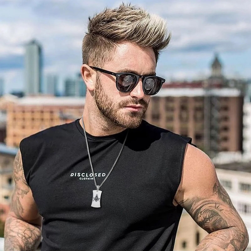 Ανδρικό κρεμαστό κολιέ Vnox Mansonic, μαύρο γεωμετρικό μενταγιόν από ανοξείδωτο ατσάλι με αλυσίδα κουτιού, κολάρο Cool Man Boy Punk