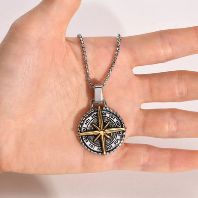 North Star meeste kaelakee, roostevabast terasest kompassi ripats, meeste ehted, mündikujuline käsitsi valmistatud kaelakee