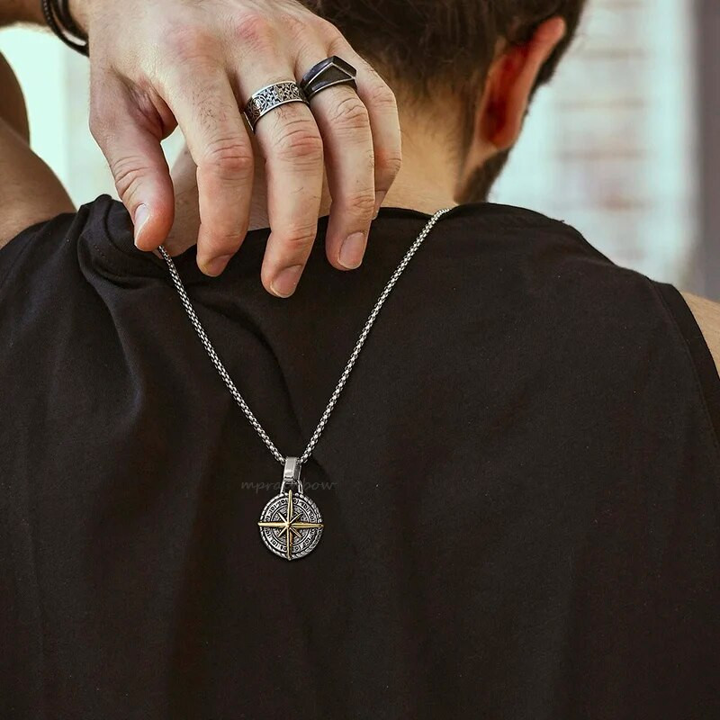 North Star meeste kaelakee, roostevabast terasest kompassi ripats, meeste ehted, mündikujuline käsitsi valmistatud kaelakee