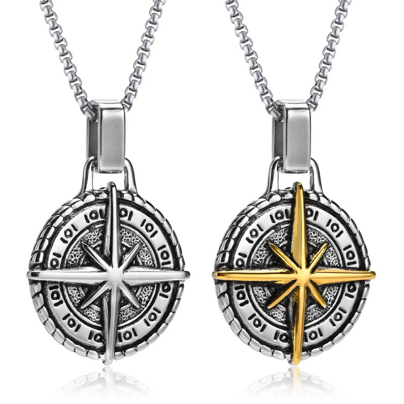 North Star meeste kaelakee, roostevabast terasest kompassi ripats, meeste ehted, mündikujuline käsitsi valmistatud kaelakee