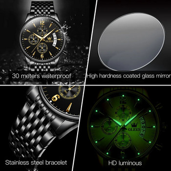 OLEVS Топ бизнес мъжки часовници Хронограф с каишка от неръждаема стомана Водоустойчив многофункционален кварцов спортен мъжки ръчен часовник