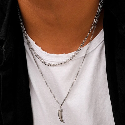 Hundihammas kahekihiline meeste ripats-kaelakee komplekt Hiphop Trendikas roostevabast terasest meessoost teismeliste pika kaelusega kett moeehted