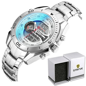 Гореща разпродажба Мъжки бизнес часовници от неръждаема стомана Нов Stryve 8019 водоустойчив кварцов дигитален спортен часовник Studen с двойно време OEM приема