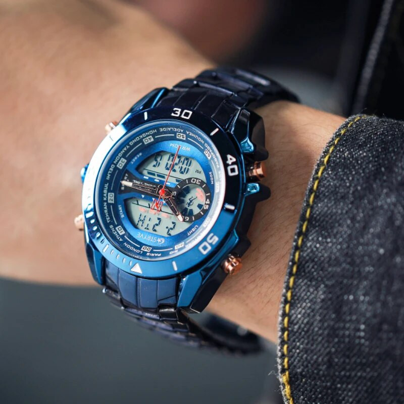 Kuum müük meeste roostevabast terasest ärikellad, uued Stryve 8019 veekindlad kvartsist digitaalsed kaheajalised Studen spordikellad, OEM-i aktsepteerimine