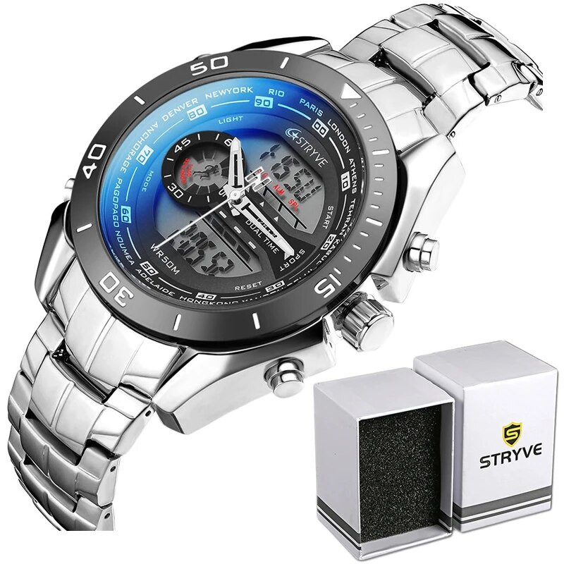 Kuum müük meeste roostevabast terasest ärikellad, uued Stryve 8019 veekindlad kvartsist digitaalsed kaheajalised Studen spordikellad, OEM-i aktsepteerimine