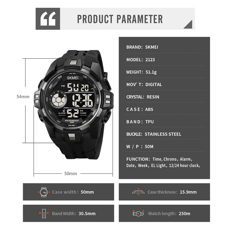 SKMEI Jaapani digitaalne liikumise stopper Spordikellad meeste vabaaja taustavalgustusega ekraan 5 baari veekindel käekell kuupäeva äratuskell