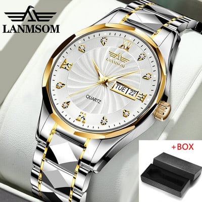 Ανδρικά ρολόγια μόδας LANMSOM Fashion Blue Quartz Κορυφαία μάρκα πολυτελείας από ανοξείδωτο ατσάλι Αδιάβροχο ημερολόγιο Ανδρικά ρολόγια χειρός Relogio Masculino