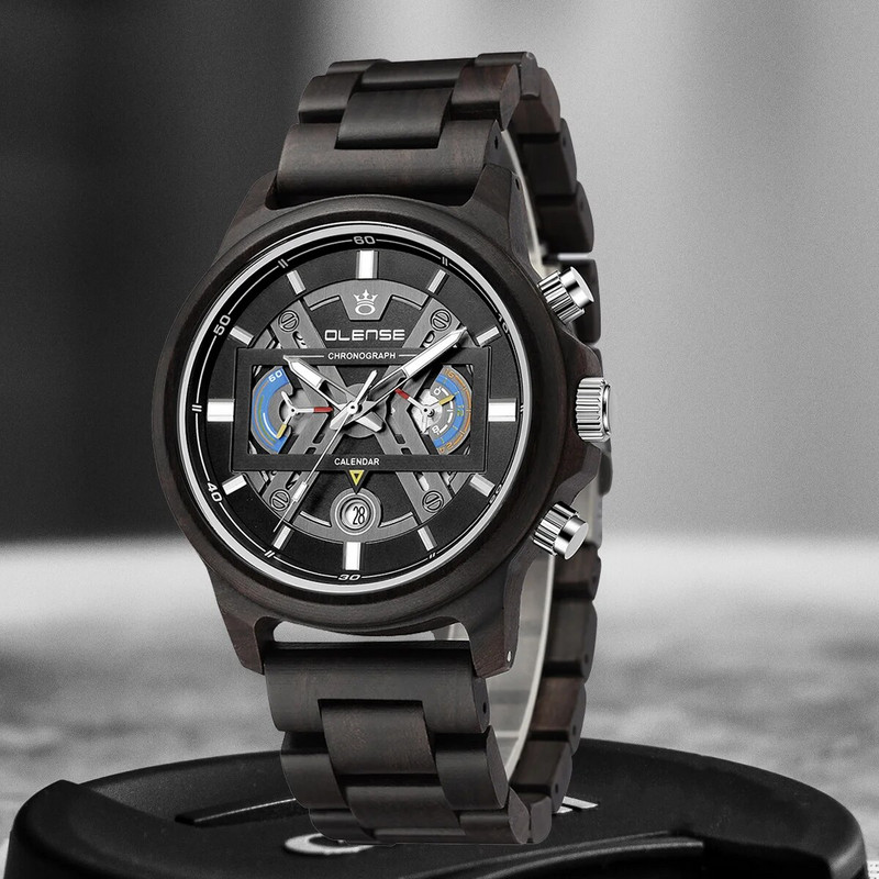 Muški drveni ručni satovi Višenamjenski muški sat Ležerni sportski kvarcni svijetli drveni remen s kronografom Relogio Masculino Poklon muškarcima