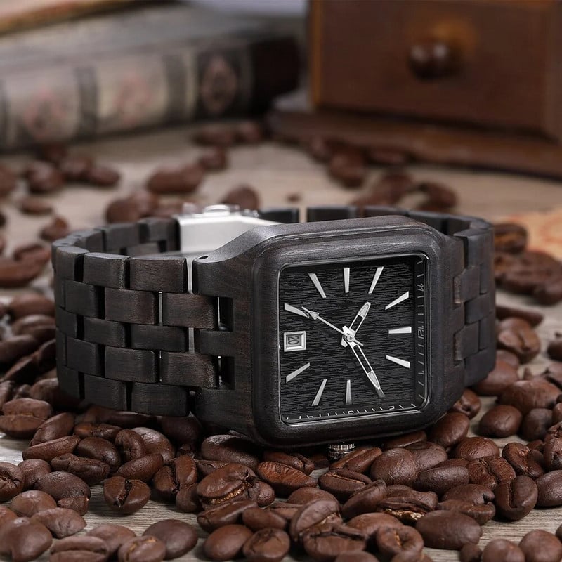 Puidust kvartsist meeste käekell, puidust rihm automaatse kuupäeva ruudu sihverplaadiga Ärikingitused meestele, 2021. aasta lihtsas stiilis mood