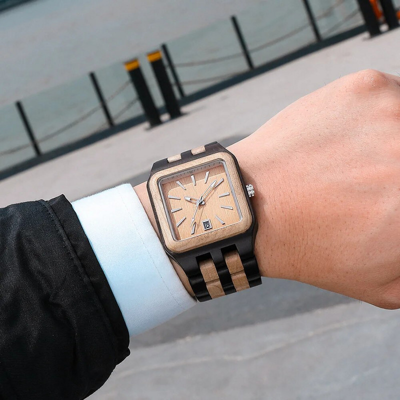 Puidust kvartsist meeste käekell, puidust rihm automaatse kuupäeva ruudu sihverplaadiga Ärikingitused meestele, 2021. aasta lihtsas stiilis mood