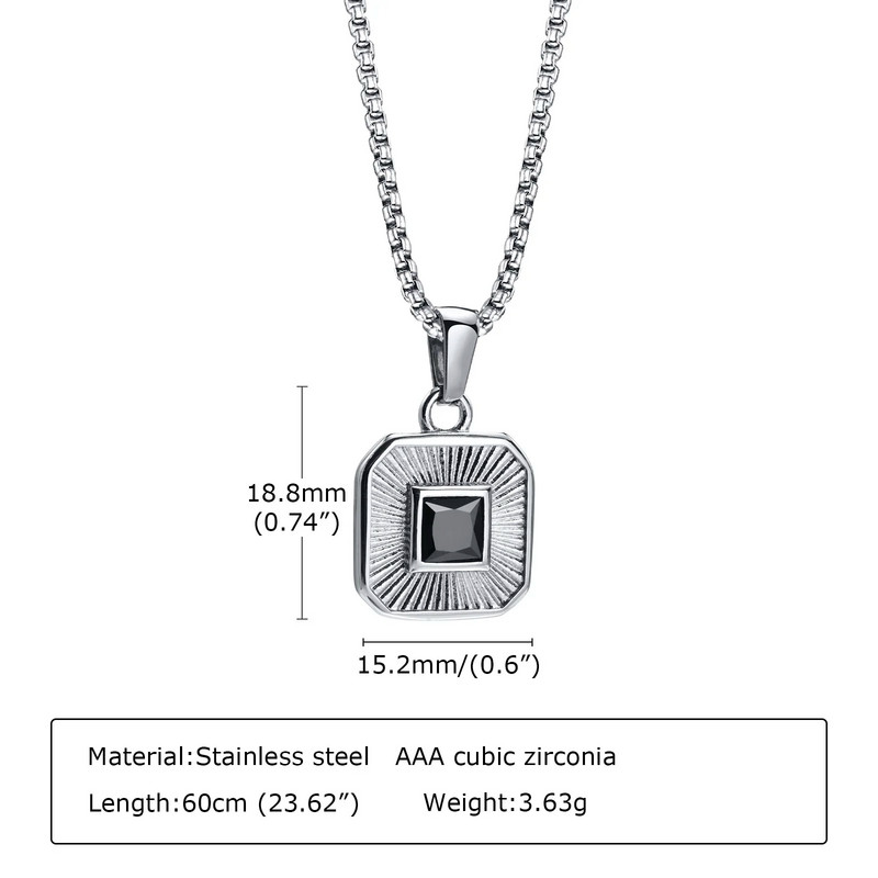 Meeste kaelakee, must geomeetriline ruudukujuline CZ kivist reljeefne kiirgusega päikesepurske ruudukujuline ripats, roostevabast terasest meeste ehted