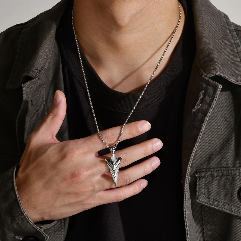 Rock Punk Ανδρικά κολιέ κεφαλής βέλους, αδιάβροχο μενταγιόν από ανοξείδωτο ατσάλι με κεφαλή δόρατος με δωρεάν κουτί αλυσίδα Viking γιακά