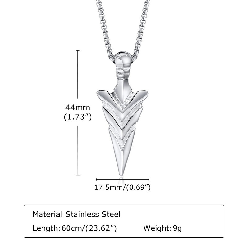 Rock Punk Ανδρικά κολιέ κεφαλής βέλους, αδιάβροχο μενταγιόν από ανοξείδωτο ατσάλι με κεφαλή δόρατος με δωρεάν κουτί αλυσίδα Viking γιακά