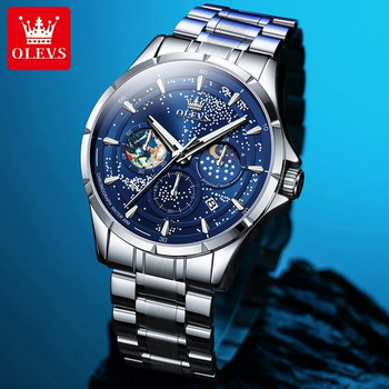 Ανδρικά ρολόγια OLEVS Fashion Blue Quartz Πολυτελές ανοξείδωτο ατσάλι αδιάβροχο φωτεινό φεγγάρι 24 ωρών Ανδρικά ρολόγια Chronograph