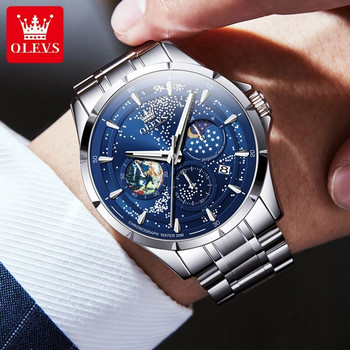 OLEVS Моден син кварцов часовник за мъже Луксозни мъжки часовници от неръждаема стомана Водоустойчива светеща лунна фаза 24 часов хронограф Мъжки часовници