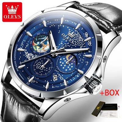 OLEVS madingas mėlynas kvarcinis laikrodis vyrams Prabangus nerūdijančio plieno vandeniui atsparus šviečiantis mėnulio fazės 24 valandų vyriškas chronografinis laikrodis