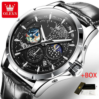 OLEVS madingas mėlynas kvarcinis laikrodis vyrams Prabangus nerūdijančio plieno vandeniui atsparus šviečiantis mėnulio fazės 24 valandų vyriškas chronografinis laikrodis