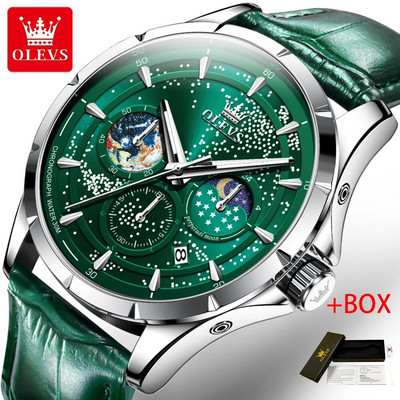 OLEVS madingas mėlynas kvarcinis laikrodis vyrams Prabangus nerūdijančio plieno vandeniui atsparus šviečiantis mėnulio fazės 24 valandų vyriškas chronografinis laikrodis