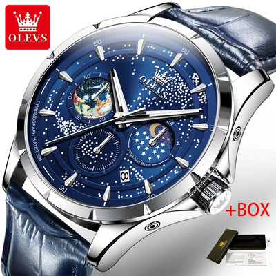 OLEVS madingas mėlynas kvarcinis laikrodis vyrams Prabangus nerūdijančio plieno vandeniui atsparus šviečiantis mėnulio fazės 24 valandų vyriškas chronografinis laikrodis