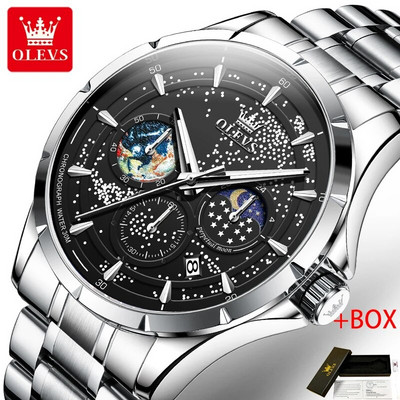 OLEVS madingas mėlynas kvarcinis laikrodis vyrams Prabangus nerūdijančio plieno vandeniui atsparus šviečiantis mėnulio fazės 24 valandų vyriškas chronografinis laikrodis
