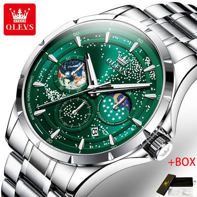 OLEVS madingas mėlynas kvarcinis laikrodis vyrams Prabangus nerūdijančio plieno vandeniui atsparus šviečiantis mėnulio fazės 24 valandų vyriškas chronografinis laikrodis