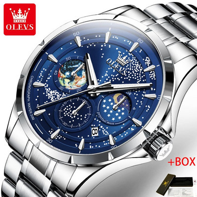 OLEVS madingas mėlynas kvarcinis laikrodis vyrams Prabangus nerūdijančio plieno vandeniui atsparus šviečiantis mėnulio fazės 24 valandų vyriškas chronografinis laikrodis