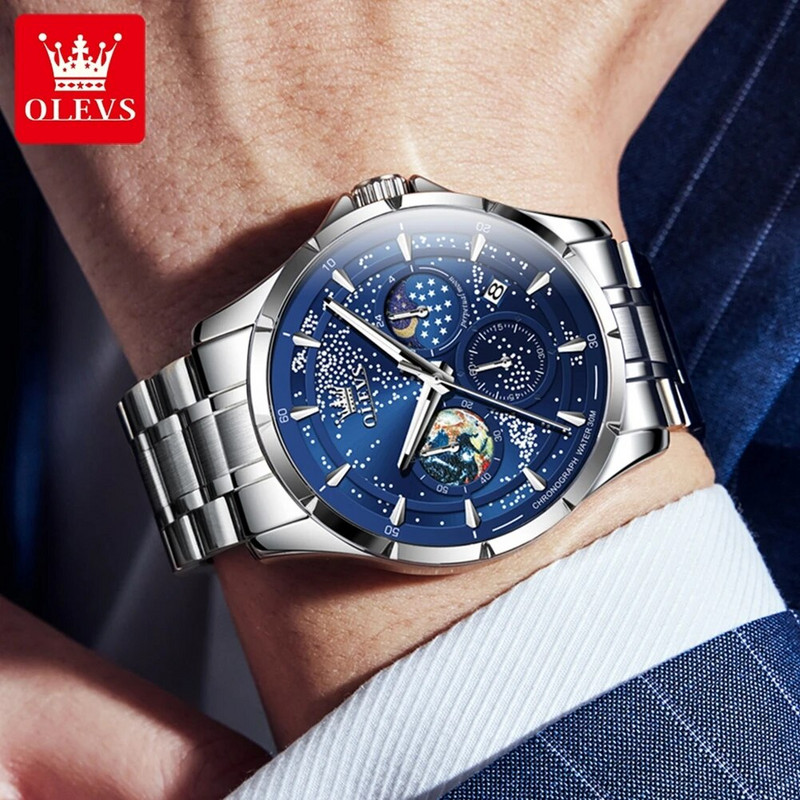 OLEVS madingas mėlynas kvarcinis laikrodis vyrams Prabangus nerūdijančio plieno vandeniui atsparus šviečiantis mėnulio fazės 24 valandų vyriškas chronografinis laikrodis