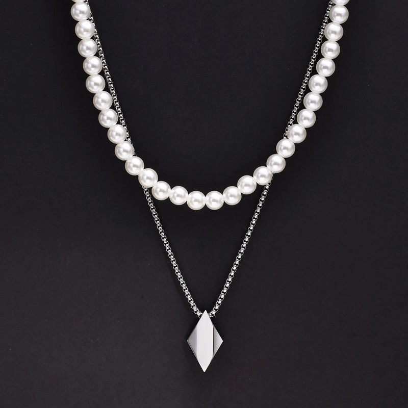 Minimalistiniai nerūdijančio plieno geometriniai rombo karoliai vyrams, sukrauti 8 mm imituotų perlų karoliukų grandinės apykaklė