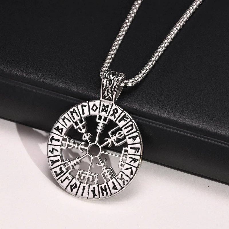 Šiaurės runų karoliai, vyrų karoliai, vikingų kompaso pakabukas, skandinaviškas kompasas, nerūdijančio plieno Šiaurės vikingų papuošalai