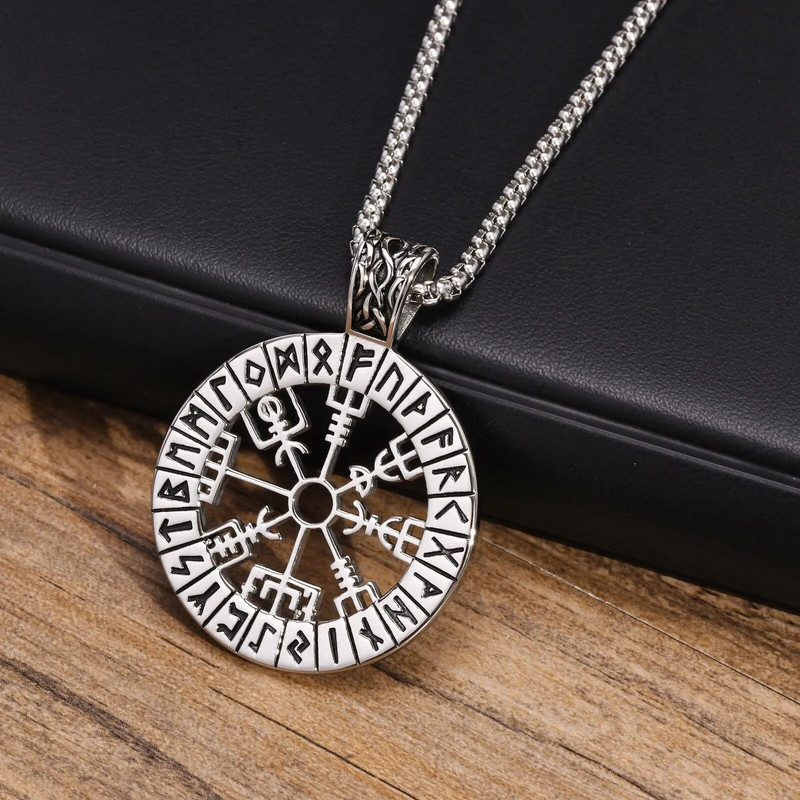 Šiaurės runų karoliai, vyrų karoliai, vikingų kompaso pakabukas, skandinaviškas kompasas, nerūdijančio plieno Šiaurės vikingų papuošalai