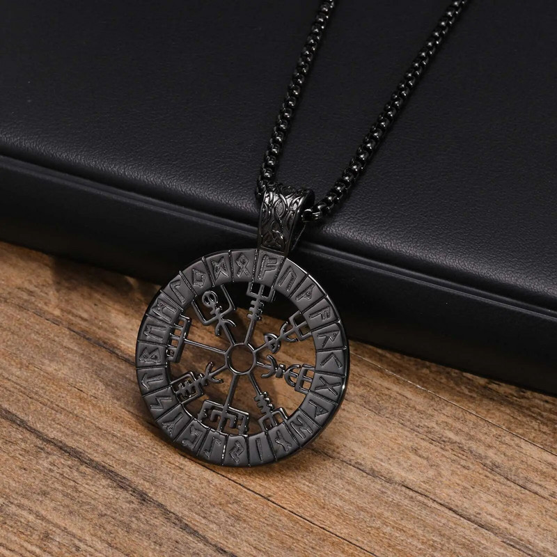 Šiaurės runų karoliai, vyrų karoliai, vikingų kompaso pakabukas, skandinaviškas kompasas, nerūdijančio plieno Šiaurės vikingų papuošalai