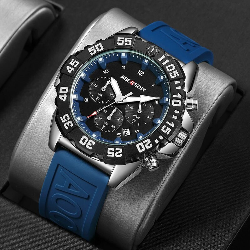 AOCASDIY prabangus prekės ženklo sportinis kvarcinis laikrodis, silikoninis dirželis su dideliu ciferblatu karinis laikrodis, daugiafunkcis, vandeniui atsparus vyriškas laikrodis