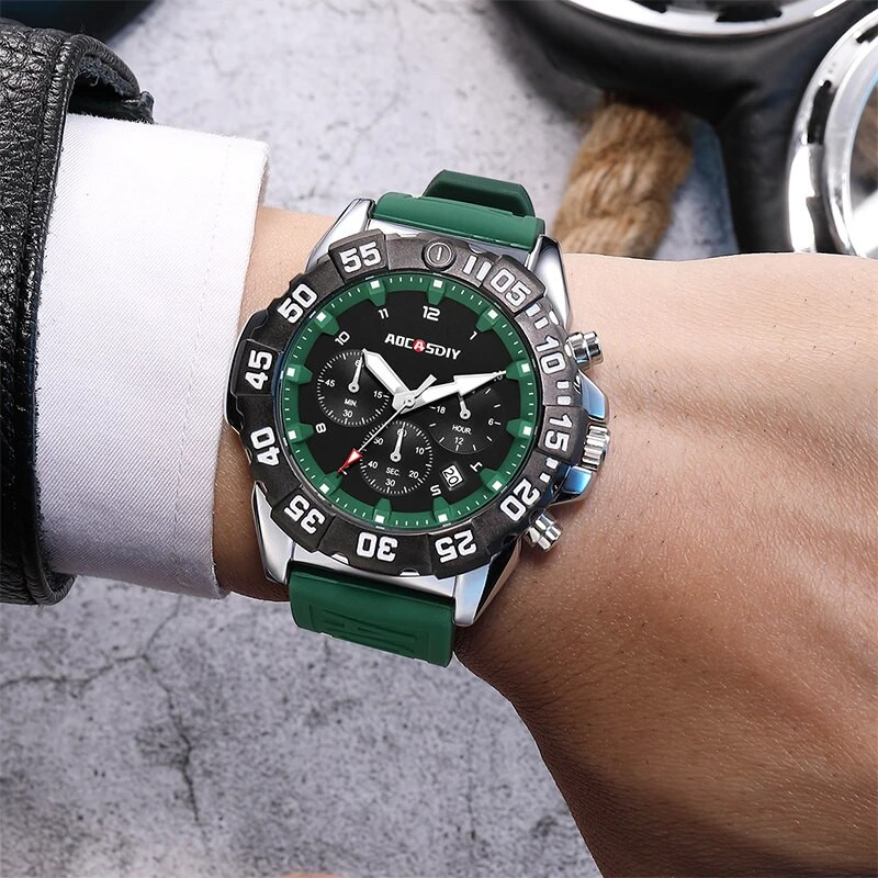 AOCASDIY prabangus prekės ženklo sportinis kvarcinis laikrodis, silikoninis dirželis su dideliu ciferblatu karinis laikrodis, daugiafunkcis, vandeniui atsparus vyriškas laikrodis
