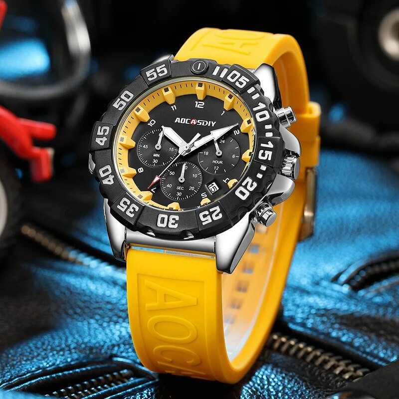 AOCASDIY prabangus prekės ženklo sportinis kvarcinis laikrodis, silikoninis dirželis su dideliu ciferblatu karinis laikrodis, daugiafunkcis, vandeniui atsparus vyriškas laikrodis