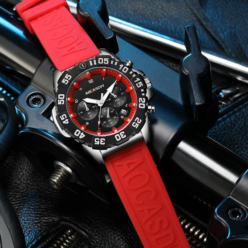 AOCASDIY prabangus prekės ženklo sportinis kvarcinis laikrodis, silikoninis dirželis su dideliu ciferblatu karinis laikrodis, daugiafunkcis, vandeniui atsparus vyriškas laikrodis